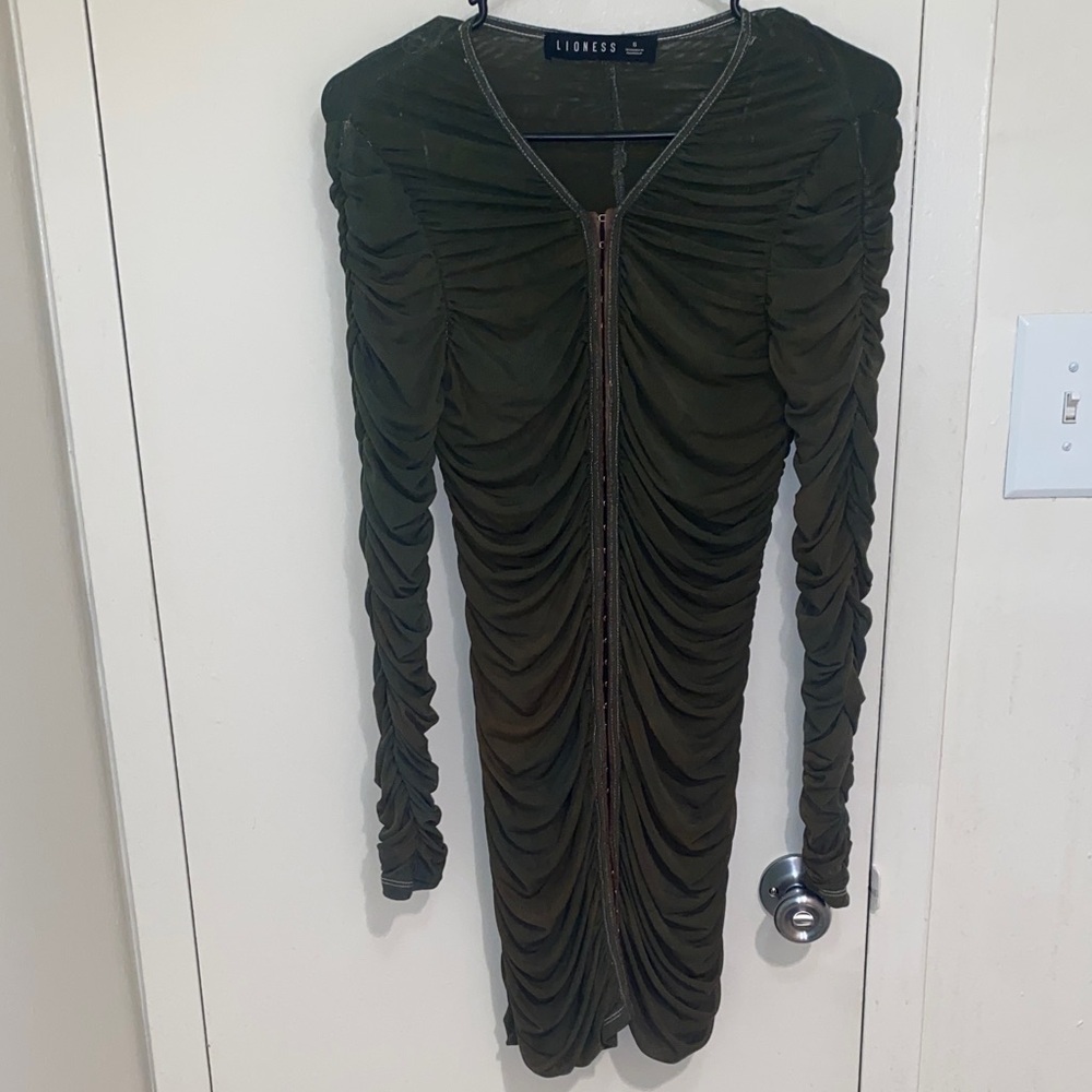 Lioness Dark Green Ruched Long Sleeve Dress